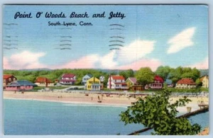 Tarjeta postal de lino vintage Point O' Woods Beach Jetty South Lyme Connecticut CT 1960 - Imagen 1 de 2
