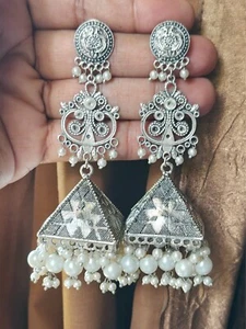 Afghani Oxidized Jewelry Pearl Tribal Dangling Earrings Silver Plated Gypsy Boho - Picture 1 of 2