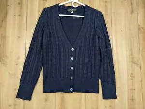 Vtg Eddie Bauer Sweater Women's MP 100% Cotton Cable Knit Cardigan Navy 2011 - Picture 1 of 10