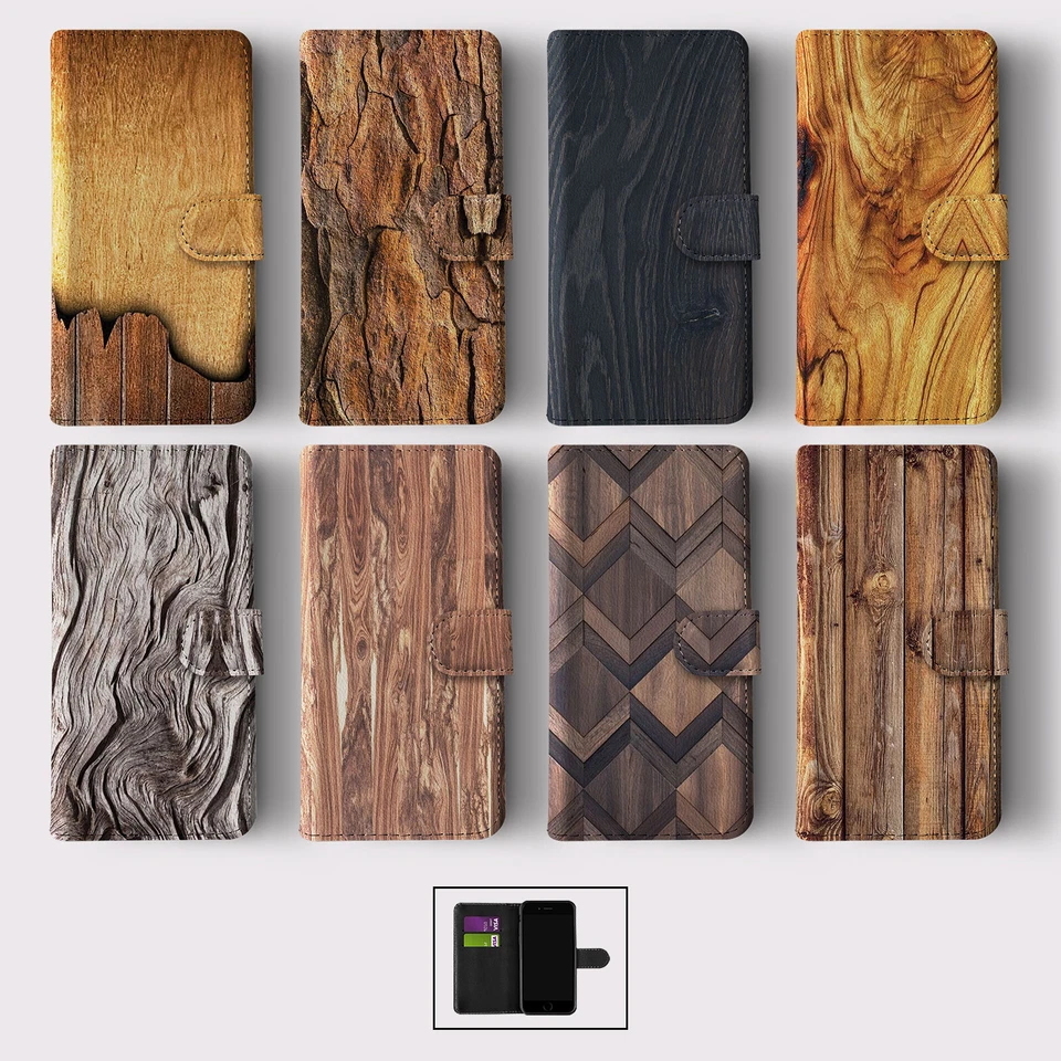 FLIP WALLET PHONE CASE FOR IPHONE 16 15 14 13 12 11 SE 8 WOOD GRAIN NATURAL LOOK - Image 1 of 1