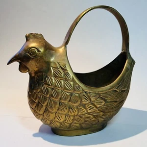 Vtg Solid Brass Hen Chicken Basket Plant Holder Handle India - Picture 1 of 9