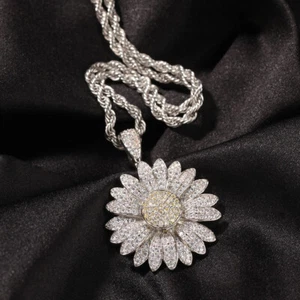 SunFlower Pendant Hiphop Jewelry Gold Filled Micro Pave CZ Zircon Chain Necklace - Picture 1 of 9