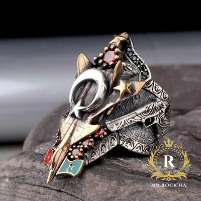 Avión de combate Jet Espada Relieve, Piedra Circón Rojo, Plata 925 K Anillo para el Pulgar para Hombre Foto 1 de 4