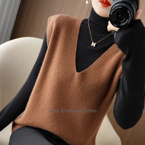 Wool Blend Cashmere Women's V-Neck Loose Solid Color Pullover Outer Knitted Vest - Picture 1 of 8
