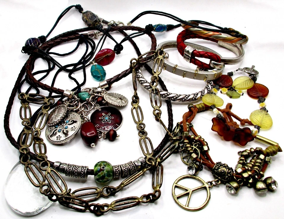 Винтажный 11шт лот серебро, медь, стеклянные браслеты, подвески и стеклянный шнур ожерелья - Изображение 1 из 4