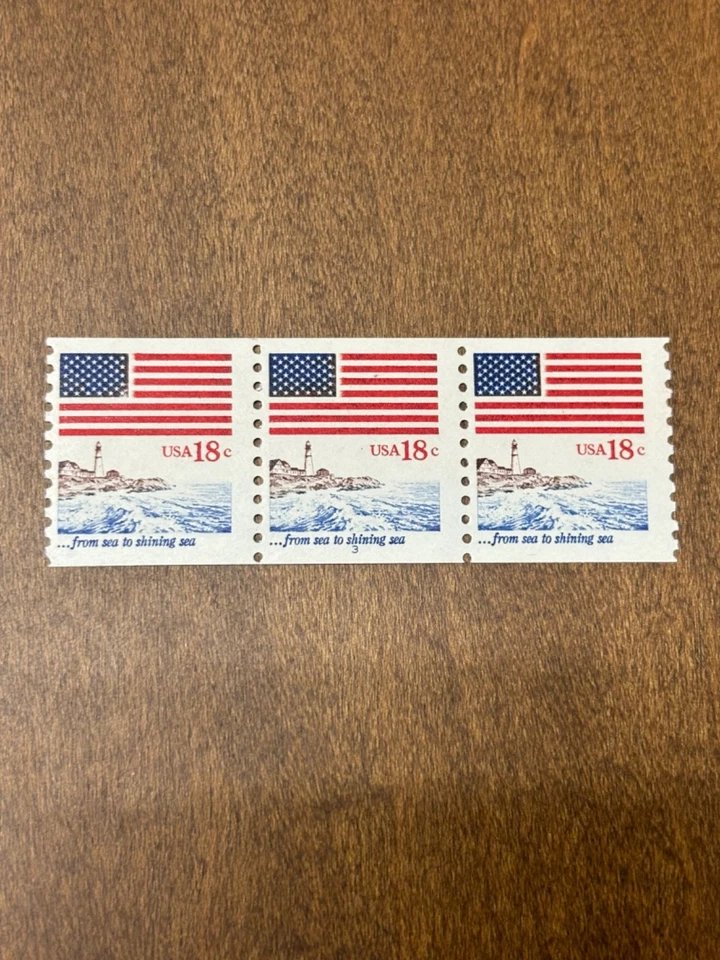 #1891 Flag & Lighthouse 18c MNH coil strip of 3 plate #3  Scarce! - Image 1 of 1
