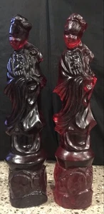Vintage Unique Chinese Kwan Yin Cherry Red Amber 9” Statuettes Pair - Picture 1 of 24