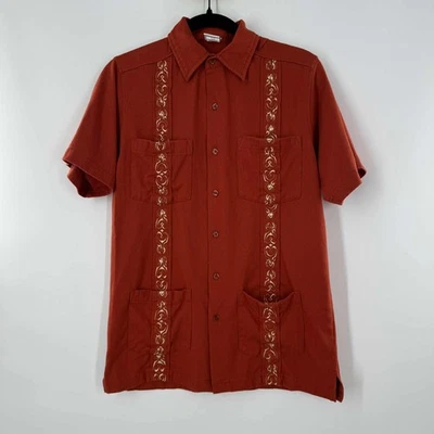 Mens Shirt Genuine Haband Guayabera Embroidered Orange Short Sleeve SZ S TBT - Image 1 of 4