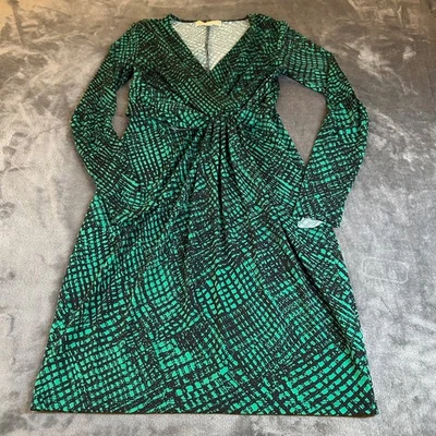 Michael Kors Faux Wrap Dress Womens Extra Small XS Green Black Print Long Sleeve - Image 1 of 4