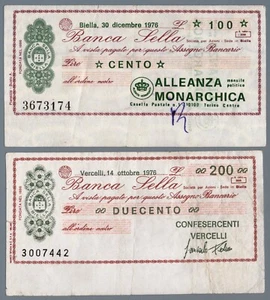 VL0168 Miniassegni: Banca Sella - Beneficiario Alleanza Monarchica - Picture 1 of 1