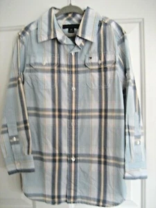 NEW Boys Sz XS 4/5 Blue Plaid TOMMY HILFIGER Button DRESS Up SHIRT Tab Roll - Picture 1 of 8