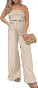 Strapless Wide Leg Striped Jumpsuit 2024 New Women's Off Shoulder Belted Romper - Picture 1 of 42