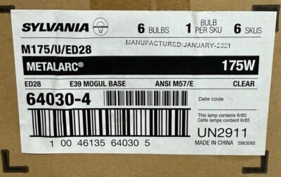 Sylvania Clear Metal Halide Bulb M175/U/ED28 - Box of 6 Bulbs - Image 1 of 2