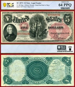 1875 $5 Legal Tender Note FR-68 PCGS CU64PPQ Woodchopper!! Census only 180 Known - Picture 1 of 3