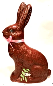 Vintage Hand Painted Ceramic “Chocolate” Bunny 10.5” x6.5" Resin Figure Pink Bow - Picture 1 of 6