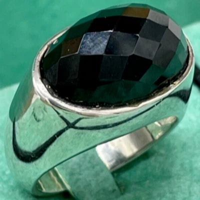 Anello Donna Pietra Ovale onice nera e briolè orizzontale Vintage in argento 925 - Immagine 1 di 4