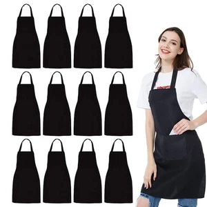 12 Pack Bib Apron - Unisex Black Apron Bulk with 2 Roomy Pockets Machine Wash... - Picture 1 of 6