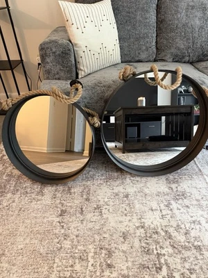 "Espejo redondo náutico rústico con suspensión de cuerda - marco de metal galvanizado de 16""" Foto 1 de 3