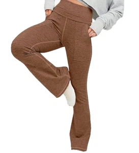 Women Fold Over Flare Yoga M Mocha Legging Athleisure Active Comfort Loungecore - Picture 1 of 6