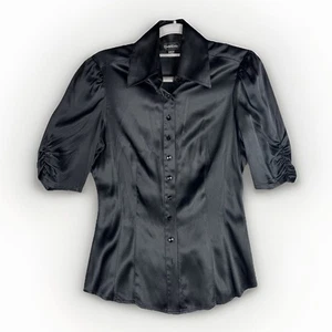 Bebe Silk Shirt Womens S Black Y2K Crystal Button Goth Dark Romance - Picture 1 of 8