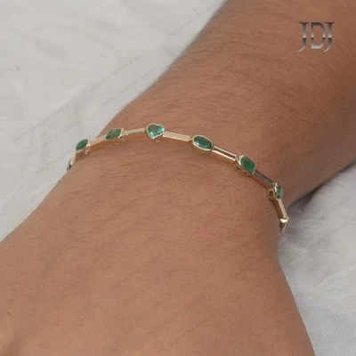 Genuine Emerald Gemstone Bangle Solid 14k Yellow Gold Jewelry Designer Bangle — 第 1/4 张图片