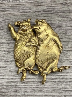 MFA Museum Of Fine Arts Dancing Pigs Brass Tone Pin Brooch 1.75" x 1.5" - Image 1 of 4