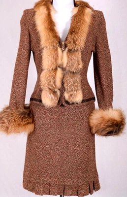 ST.JOHN Couture Womens Orange Brown Gold Removeable Fur Trim Jacket & Skirt Sz 6 - Image 1 of 4