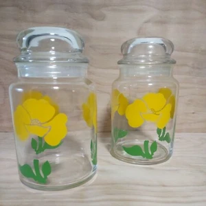 2 Vtg Anchor Hocking Foxy Flowers Art Nouveau Yellow Poppy Glass Storage Jars - Picture 1 of 7