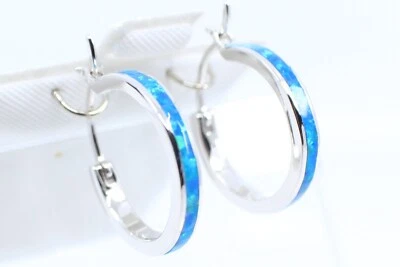 925 Sterling Silver Lab-Created Opal Blue Inlay Hoop Earrings - Rhodium, Small - Image 1 of 4
