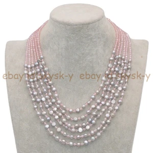 6 Rows 3x4mm Faceted Pink Crystal 7-8mm Silver Baroque Pearl Necklace 18-23'' - Picture 1 of 4