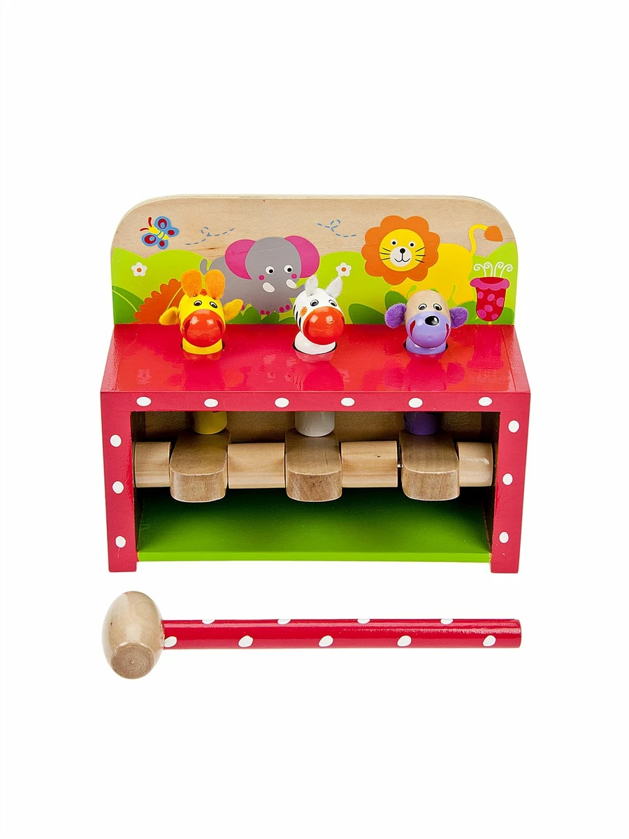 Quercetti Hammer Peggy Peg Pounding Toy - Interactive Bench With Colorful Pegs For Toddlers 18+ Months