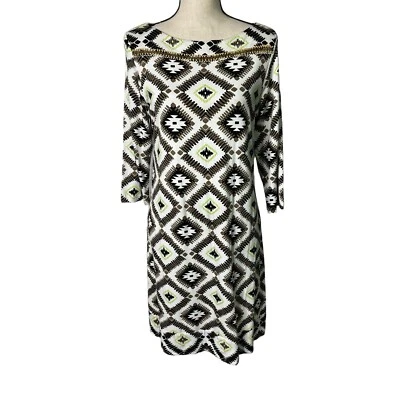 Joyous & Free Dress Size 14 Argyle Diamond Print Beaded Boat Neck Boho Aztec - Image 1 of 4