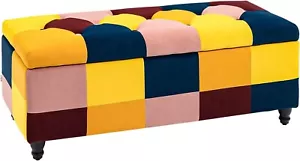 Multi-Colour Block Velvet Ottoman Storage Bench Tufted Padded Lid Bed End Unit - Picture 1 of 10