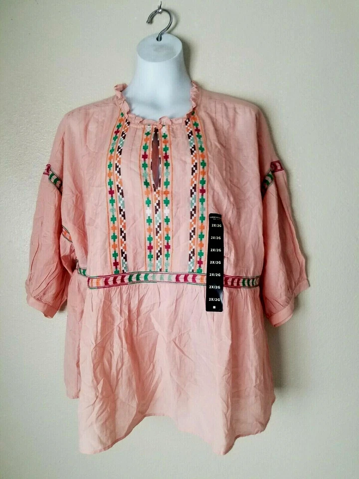Lucky BRAND Womens Pink Embroidered Casual Peasant Top Shirt Plus 2x BHFO 7828