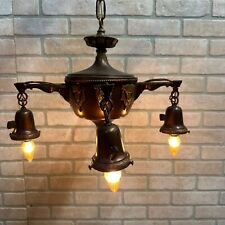 Antique Bronze & Copper Hanging Light Fixture Electric 4-Bulb Arts & Crafts Drap