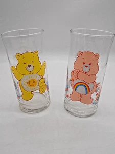 Vintage 1983 Care Bear Pizza Hut Drinking Glasses Set of 2 Funshine & Cheer Bear - Picture 1 of 6