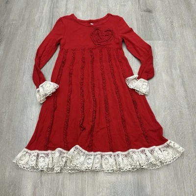 Vestido de encaje rojo manga larga viscosa suave para niña pequeña 4t Foto 1 de 3