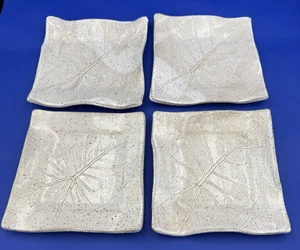 4 Raised Edge Leaf Embossed 7” Square Plates Studio Art Signed Ivory Speckled - Picture 1 of 9