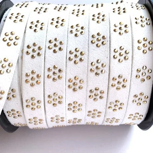White Faux Suede CORD 1cm Wide Gold Stud Floral Studded Lace PER METER - Picture 1 of 5