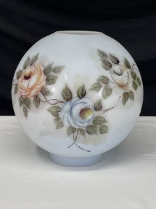 9.5" Antique Vtg Milk Glass Ball Oil Lamp Shade Globe Rose Blue Peach GWTW 4"Fit - Picture 1 of 24