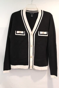 Adrienne Vittadini Sweater Cardigan Womens size L Black Pearl Gold Trim Buttons - Picture 1 of 8