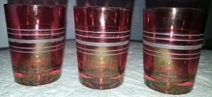3 Tumblers Shot Glasses Federal Glass Co. Etched Cranberry Pink Red Depression - Picture 1 of 11