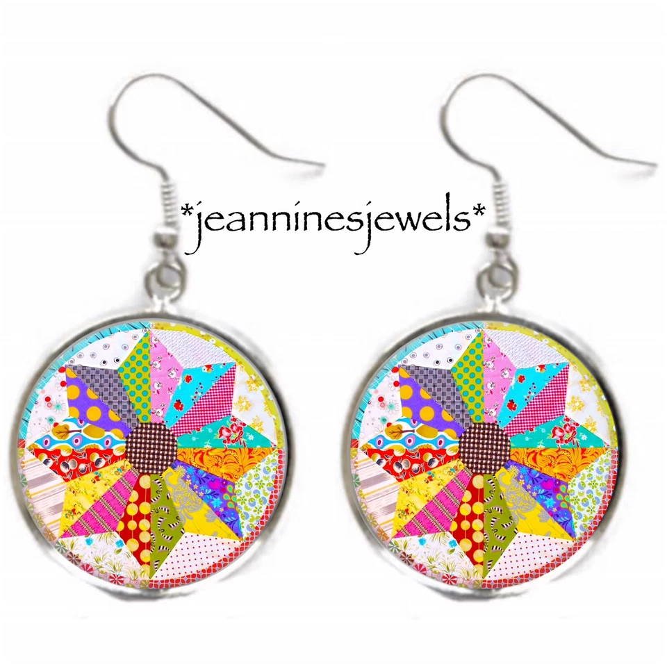 Лоскутное одеяло серьги лоскутные ветряные мельницы искусства печати Серебряный подвеска подвеской квилтер подарок - Изображение 1 из 4