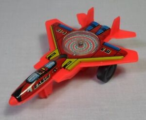 JIMMY TOYS 80's 4'' RED F-15 EAGLE JET FIGHTER TIN & PLASTIC SPINNING TOP WORKS
