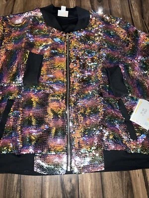 CHAQUETA BOMBER LULAROE ELEGANTE STEVIE Lentejuelas Arco Iris Rosa Sirena XL 16/18 Foto 1 de 4