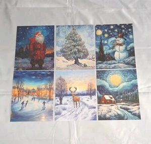 Set of 6 CHRISTMAS Art Poster Prints 8x10 Impressionism Inspired SANTA TREE DEER - Picture 1 of 11