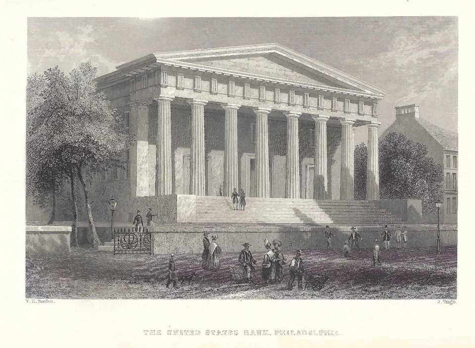 FILADELFIA, PA. SEGUNDO BANCO DE ESTADOS UNIDOS BLDG, 1844 impresión artística grabado en acero Foto 1 de 1