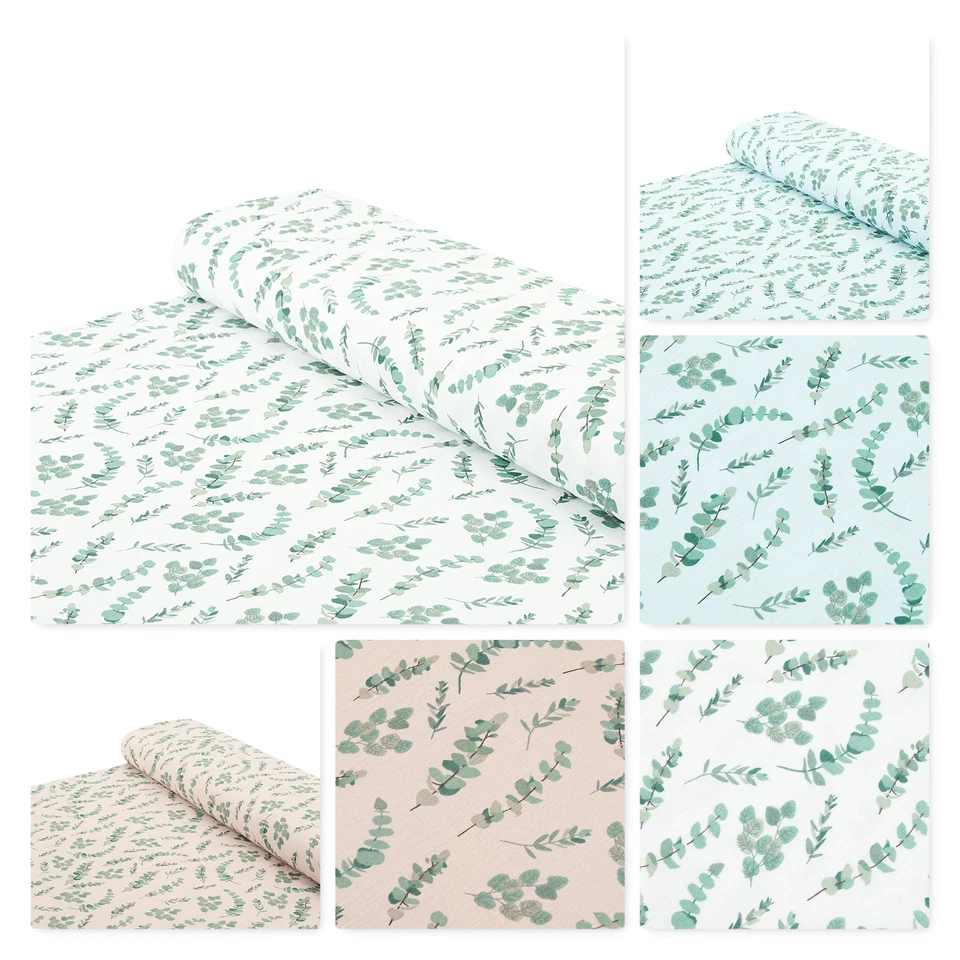 Baumwoll - Musselin Stoff Eukalyptus weiß blau rosa - Meterware ab 25 x 135 cm - Bild 1 von 1