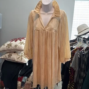 NWT Mini A-Line V Neck 3/4 Sleeve Puff Flow Swing Gold Dress Medium - Picture 1 of 9