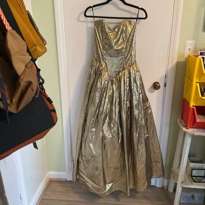 Vestido Gunne Sax Jessica McClintock De Colección Años 80 Sin Tirantes Metálico Dorado Pequeño Foto 1 de 4